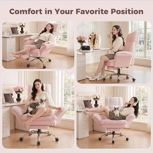 Big and Tall Office Chair, Flip Armrests for Pets & Cross Legged Sitting | Executive Ergonomic Computer Gaming Chair with Foot Rest, Teddy Fleece Wide Seat Reclining Desk Chair, Pink thumbnail 4