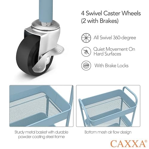 CAXXA 3-Tier Rolling Metal Storage Organizer - Mobile Utility Cart with Caster Wheels, Blue thumbnail 6