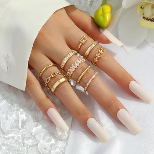 RLMOON 8-12PCS 14K Gold Stacking Ring Set for Women Dainty Thumb Stackable Rings Gold Heart CZ Non Tarnish Rings Plain Band Size 4-11 thumbnail 5