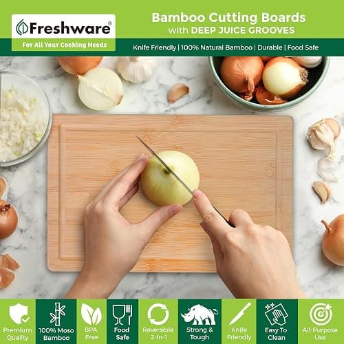 Freshware Wood Cutting Boards for Kitchen - Bamboo Cutting Board Set of 3, Cutting Boards with Juice Grooves, Serving Board Set, Chopping Board for Meat, Veggie, Easy Grip Handle (9x6, 12x8, 15x10) thumbnail 3