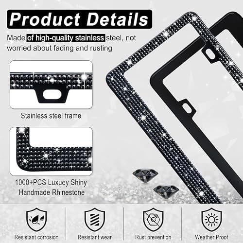 Amiss Bling License Plate Frame for Women, 2Pack Rhinestone Handcrafted Crystal Premium Stainless Steel, Stainless Steel Car Accessories with Diamond Sparkle Glitter Caps (Black) thumbnail 3