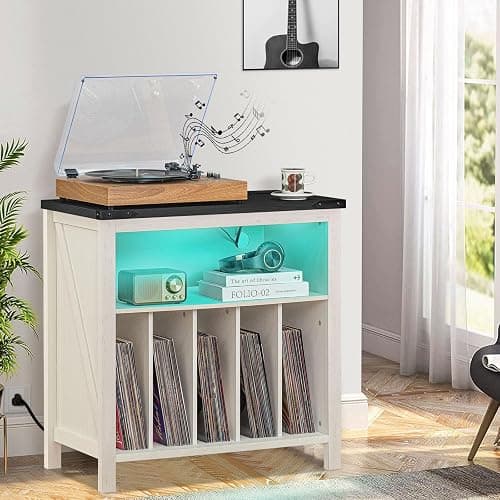 Joaxswe Large Record Player Stand with Charging Station & LED Lights, Vinyl Records Storage Holder Cabinet Holds up to 230 Albums, Turntable Stand for Music Room, Bedroom, Living Room, Office (White) thumbnail 8