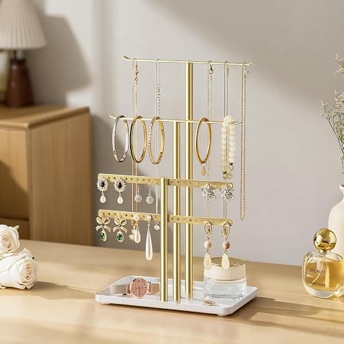 pickpiff Porta Collane e Gioielli da Comodino - Espositore Organizer con Appendere e Appenditi per Orecchini Lunghe, Portagioie a 3 ripiani thumbnail 7