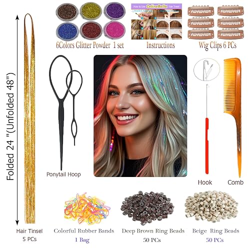 Celinebella Metallic Gold Hair Tinsel, 5 Bundles Full 48 Inch Length, Premium Soft Smooth Strands Heat Resistant for Casual Office Party Styling thumbnail 4