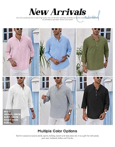 Ryannology Mens Linen Shirts Casual Cotton 3/4 Sleeve Regular-Fit Henley T-Shirt Summer Lightweight Beach Yoga Tops thumbnail 4