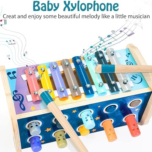 KIDWILL Montessori Pounding Toy for 1 2 Year Olds Wooden Hammering & Activity Board with Xylophone, Number Maze, Pounding Bench Educational Toddler Gift Toys Age 1-3 thumbnail 3
