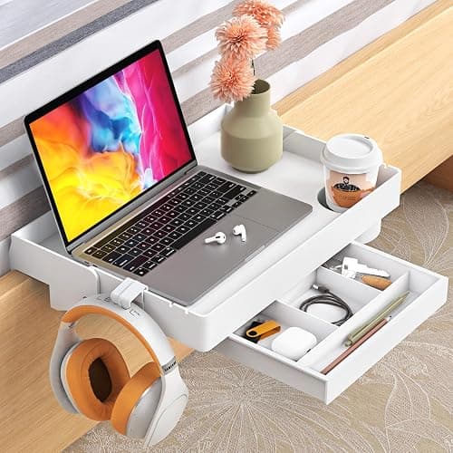 SPACELEAD Bedside Shelf for Bed – College Dorm Room Clip On Nightstand with Cup Holder & Cord Holder&Drawer – Bunk Bed Shelf for Organizer Top for Bedroom (White，Plastic) - White - Plus with drawer - Image 1