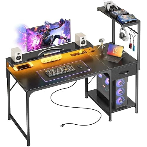 PRAISUN 47.2 Inch Gaming Desk with LED Lights & Power Outlets | Computer Desk with Drawer & Storage Shelves, Office Writing Desk with Monitor Stand for Work from Home, Black - Image 1