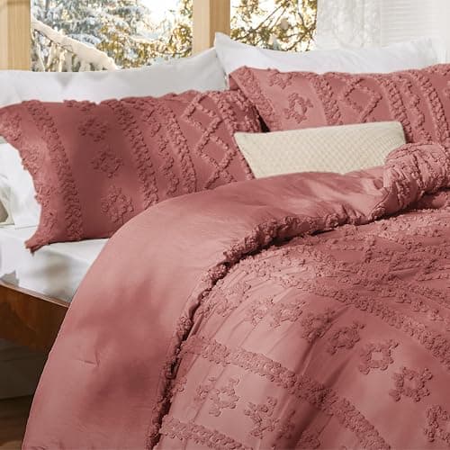 Bedsure Tufted Boho Comforter Set Queen Size - Grayish Pink Boho Bed Set, GentleSoft™ 3 Pieces Farmhouse Shabby Chic Embroidery Bedding, Gifts for Woman, Soft Jacquard Queen Comforter for All Seasons thumbnail 6