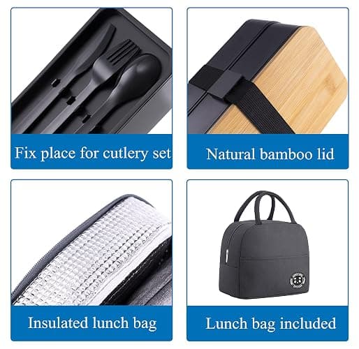 Japanese Bamboo Bento Box with Compartments and Utensils Stackable Lunch Box Includes Lunch Bag for Meal Prep Black thumbnail 5