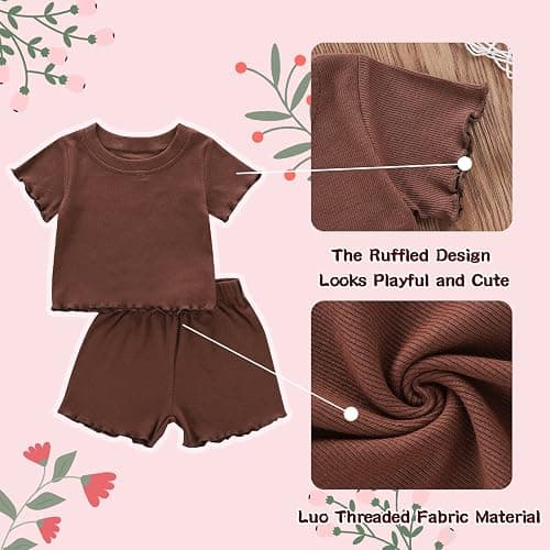 Dimoybabe Toddler Baby Girl Summer Clothes Ribbed Knit Cotton Cute Summer Outfits Short Sleeves 2 Pieces Shorts Set 12M - 5T thumbnail 3
