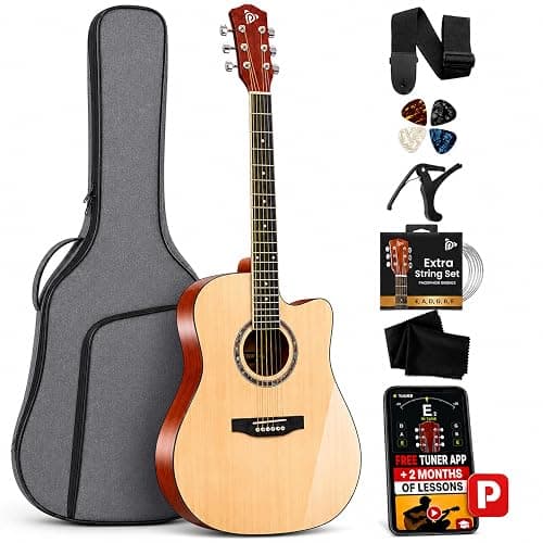 Pyle Beginner Acoustic Guitar Kit - Full Size 41” Cutaway Dreadnought Natural Matte Finish w/ Upgraded Gig Bag, Tuner, Steel Strings, Picks, Strap, Capo, For Beginners/Adults - (Natural, Premium Kit) - Image 1