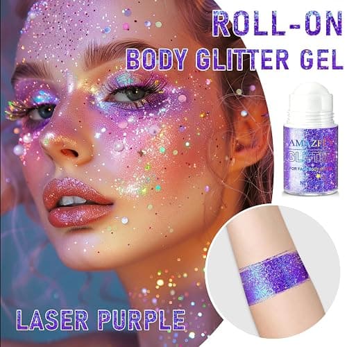 Roll-on Holographic Body Glitter Gel for Face and Hair Rave Glitter Makeup | Chameleon Color Changing Glitter Gel Under Light, Chunky Mermaid Sequins Festival Party Rave Accessories (Purple) thumbnail 2