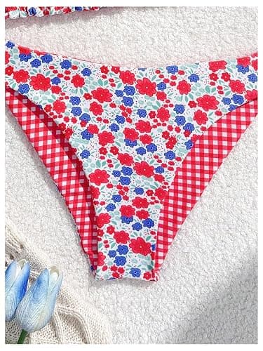 RoseSeek Girl's 2 Piece Swimsuits Floral Gingham Halter Triangle Wireless Bikini Bathing Suit thumbnail 5