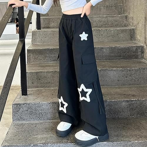 Viatabuna Star Cargo Baggy Pants for Girls Kids High Elastic Waist Embroidery Y2k Wide Leg Pull On Trousers with Pockets thumbnail 3