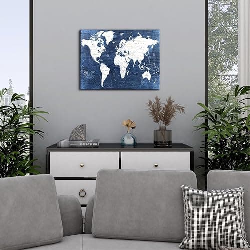 World Map Canvas Wall Art Modern Office Pictures Decorations World Maps for Living Room Wall Decor Retro Global Map Poster Navy Blue Framed Painting Artwork Home Bedroom Decoration 12x16” thumbnail 5