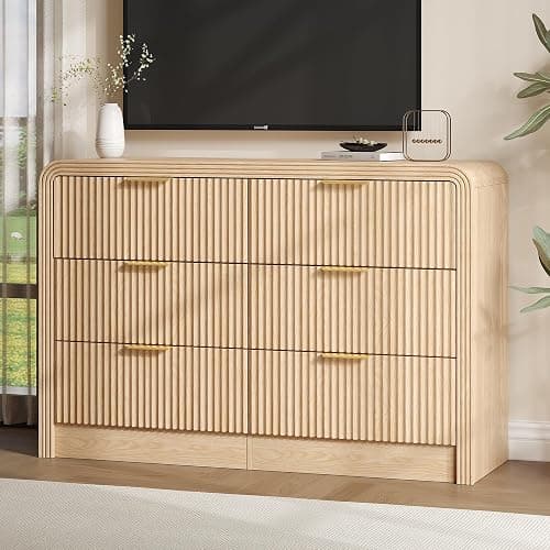 Decofy Fluted Drawers Dresser for Bedroom, Wood Dressers with Gold Handles, Modern Dressers with Wave Texture, Large Storage Chest of Drawers, Bedroom Dresser Organizer 47'' & 6 Drawers (Natural Oak) thumbnail 7
