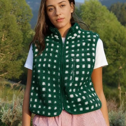 SeeLuNa Womens Checkered Sherpa Vest Sleeveless Winter Fleece Jacket High Neck Zip Up Plaid Gilet with Chest Pocket thumbnail 3
