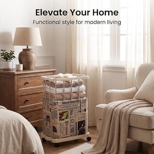 PureBox Laundry Hamper with Wheels, Vintage Rolling Laundry Basket, Cream | Metal Frame,Premium Fabric with Retro Newspaper Print,Easy Assembly,Smooth Rolling,Open Top,for Bedroom/Bathroom/Laundry Room thumbnail 8