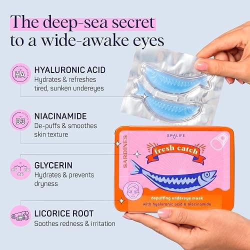SpaLife Fresh Catch Hydrogel Under Eye Patches for Dark Circles | Sardine Under Eye Patches for Puffy Eyes | Niacinamide & Hyaluronic Acid Undereye Masks | Pack of 8 Pairs (8 Undereye Treatments). thumbnail 3