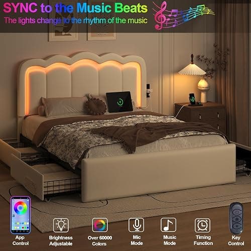 Queen Bed Frame with 4 Storage Drawers, Adjustable Wavy Headboard, White | PU Upholstered Princess Platform Bed with RGB LED Lights and Charging Station, Metal Slats Support, No Box Spring Needed thumbnail 3
