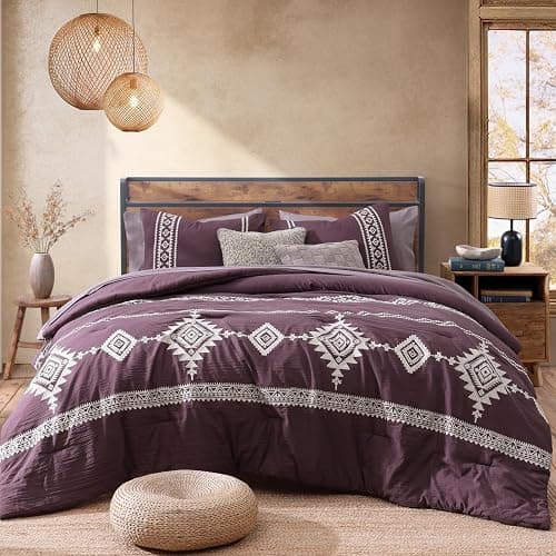 MaiRêve Embroidery Queen Size Comforter Set Purple, Boho Farmhouse Western Bedding Set 7 Pieces, All Season Bed in A Bag Comforter Set with Sheets, Pillowcases & Shams thumbnail 8