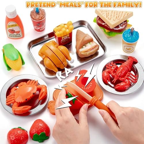 Juboury Cucina Giocattolo per Bambini, Set per Taglia Verdure e Frutta con Cibo Giocattolo come Pizza e Dessert, Gioco di Ruolo in Cucina Bambini, Giochi Montessori 3 4 5 6 7 Anni thumbnail 3