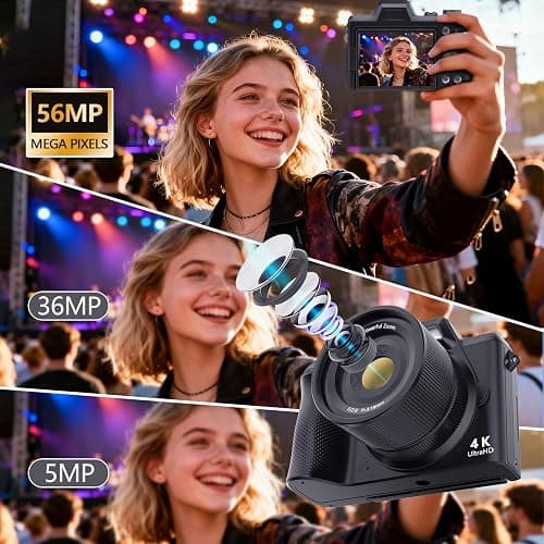 4K Digital Camera for Photography & Vlogging, 56MP Point and Shoot Digital Cameras with 180° Flip Screen, 16X Zoom Compact Travel Camera, Portable Cámara for Adults & Beginners with 32GB SD Card thumbnail 2