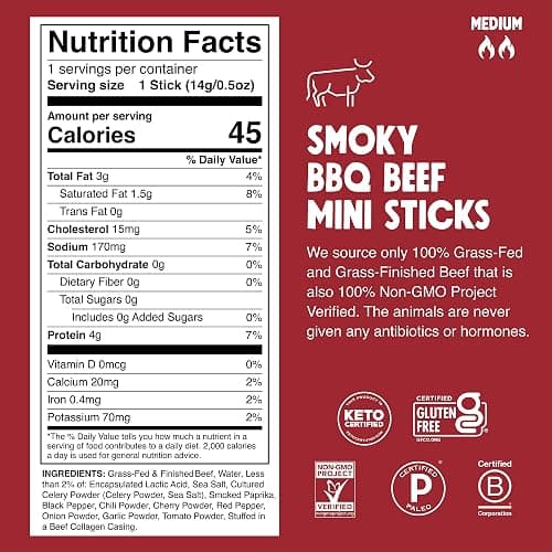 Chomps Snack Size Grass-Fed and Finished Smoky BBQ Beef Jerky Snack Sticks 0.5oz 24-Pack - Keto, Paleo, Whole30, 4g Lean Meat Protein, Gluten-Free, Zero Sugar Food, Non-GMO Chomplings thumbnail 2