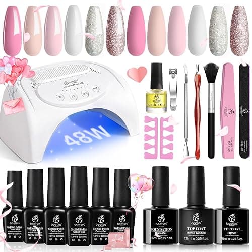 Beetles Gel Nail Polish Kit with 48W light 18 Pcs Gel Starter Kit,6 colors Nude Pink French White Glitter Gel Polish Soak Off Base Top Coat Gel Art Manicure Kit - Image 1