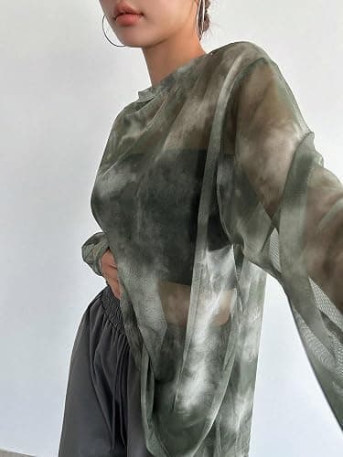 Verdusa Women's Y2k Tie Dye Sheer Mesh Top Long Sleeve Oversized Rave Streetwear Tops Whimsical Clothes thumbnail 4