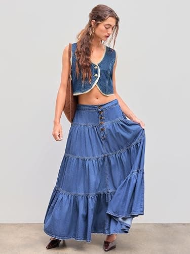 CIDER Women’s Long Jean Denim Tiered Button Down High Waisted Maxi Skirts thumbnail 2