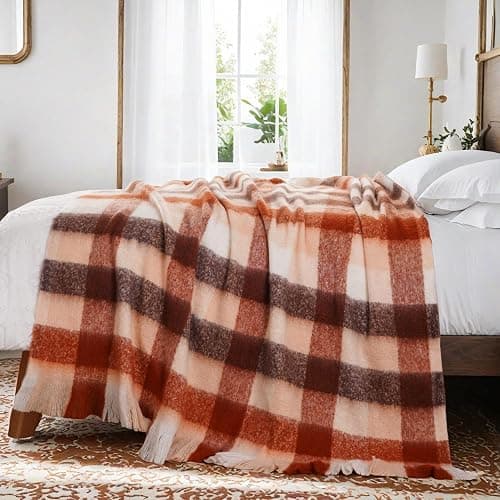 BATTILO Rust Plaid Throw Blanket for Couch Bed, Soft Mohair Tartan Plaid Blanket, Farmhouse Style Checkered Pattern, Fall Throw Blankets for Home Decor(50"x60") thumbnail 6