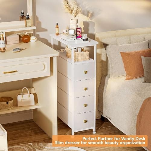 YILQQPER Narrow Dresser for Bedroom, Slim Dresser Storage Tower, Chest of 4 Fabric Drawers with Wood Shelf, Bathroom Organizers and Storage for Small Spaces, Laundry, Closet, White thumbnail 4