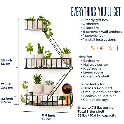 KOTIJOKI Fire Escape Wall Shelf – New York Decorative Floating Shelf – Wall Art Ladder Shelf – Black Metal Trinket Shelves for Bedroom, Home, Office, Storage and Display (2.5-Tier) thumbnail 3