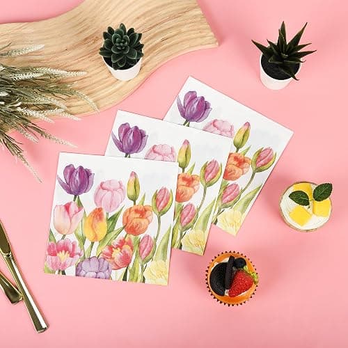 100 Spring Flowers Luncheon Napkins Watercolor Tulip Paper Hand Napkins 6.5 Inch Floral Garden Party Beverage Napkins for Baby Shower Wedding Easter Party Supplies thumbnail 4