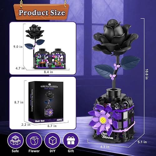 Alagoo Gothic Black Roses Building Blocks Kit – 359 PCS Mysterious Dark Bloom with Vase, Artificial Flower Toy Building Set, Gothic Decor Birthday Gifts Building Toys for Boys Girls thumbnail 2