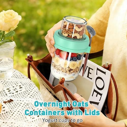 4 Pack Overnight Oats Containers with Lids and Spoons, 20 oz (16+4) Overnight Oats Jars, Glass Mason Jars with Dry and Wet Separation for Oatmeal Salad Yogurt, Dual-Layer Yogurt Containers with Lids thumbnail 2