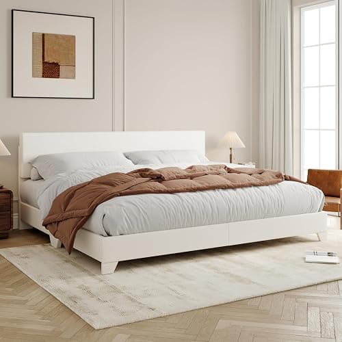Allewie King Size Bed Frame with Adjustable Headboard, Faux Leather Platform Bed with Wood Slats, Heavy Duty Mattress Foundation, No Box Spring Needed, Noise-Free, Easy Assembly, White - Image 1