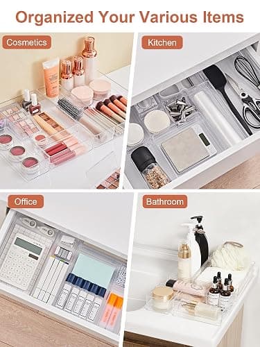 SMARTAKE 30-Piece Drawer Organizer with Non-Slip Silicone Pads, 7-Size Desk Drawer Organizer Trays Storage Tray for Makeup, Jewelries, Utensils in Bedroom Dresser, Office and Kitchen (Clear) thumbnail 6