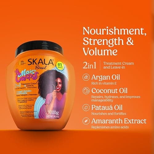 SKALA Mais Crespos 2 in 1 Treatment Cream & Leave In Conditioner for Coily & Kinky Hair, Vegan, Deep Hydration & Detangling Mask, Infused with Argan Oil, Coconut, Patauá & Amaranth Extracts, 1000g thumbnail 3
