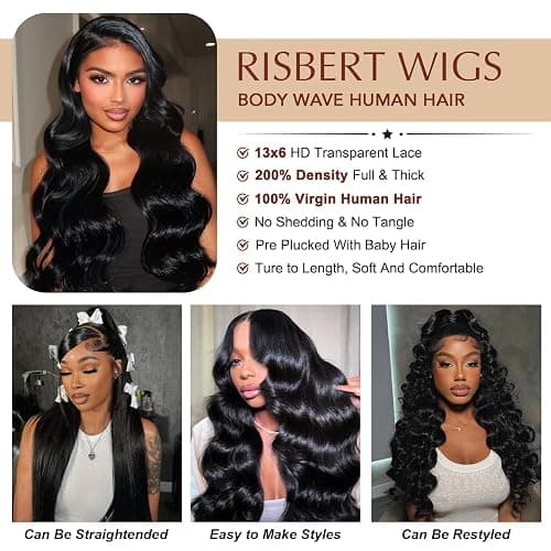 RISBERT 30 Inch 13x6 Lace Front Wigs Human Hair 200 Density Body Wave HD Lace Frontal Wigs Human Hair Pre Plucked with Baby hair Natural Color Glueless Wigs for Women thumbnail 3