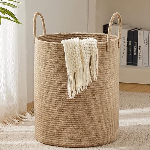 Jute Rope Laundry Hamper Basket by YOUDENOVA, 58L Tall Laundry Basket, Baby Nursery Hamper for Blanket Storage for Bedroom-Large-Jute - Tall (58L ) - Jute Brown