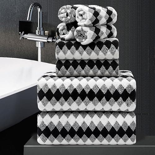 8 Piece Bathroom Towel Set Black White|2 Oversized Large Bath Towels Sheet,2 Hand Towels,4 Washcloths| 600GSM Soft Towel Set for Bathroom Hotel,Highly Absorbent Quick Dry Bath Towel Collections - Image 1