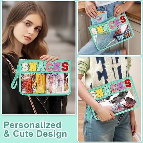 Snack Bag for Travel - Clear Chenille Varsity Letter Flat Pouch with Zipper, 12.2×8.46 inch Waterproof Clear Nylon Preppy Patch Makeup Cosmetic tote Bags for Women Girls thumbnail 4