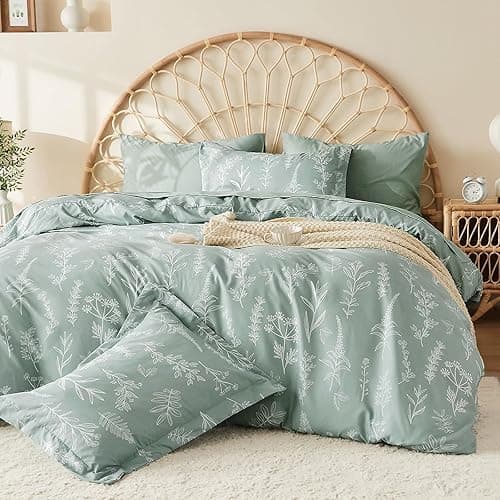 MUXHOMO Bed in a Bag Queen 7 Pieces, Sage Green Queen Comforter Set Reversible Botanical Flowers Design, Ultra Soft & Breathable Bedding Sets with Comforter, Sheets, Pillowcases & Shams