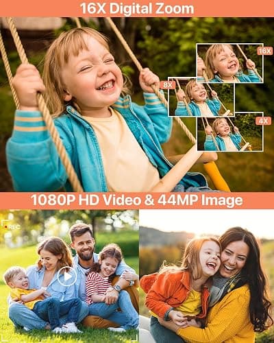 Digitalkamera 1080P Fotokamera 44MP Kamera Fotoapparat Tragbare Kompaktkamera mit 2,4" LCD Bildschirm, 16X Digitalzoom, 32G Micro Speicherkarte, 1 Akku für Kinder Teenager Student Anfänger-Schwarz thumbnail 2