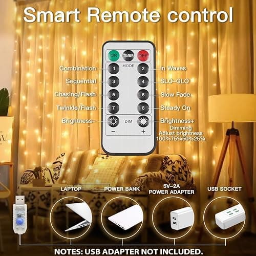 suddus Curtain Lights for Bedroom, 200 Led Hanging String Light Outdoor, Fairy Curtain Lights Indoor for Christmas, Dorm, Wall, Backdrop, Window, Wedding, Party, Birthday Decor, Warm White thumbnail 8