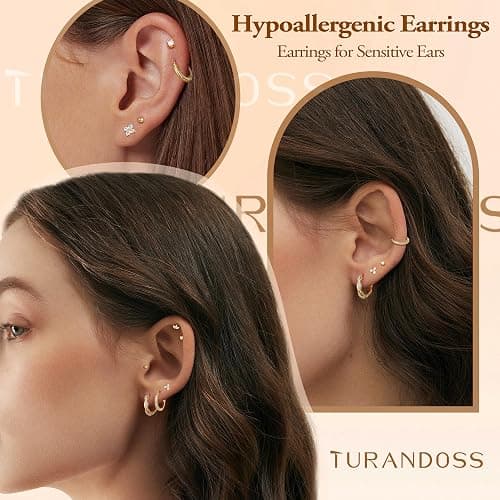 Turandoss 8 Pairs Hypoallergenic Gold Hoop Earrings for Women Trendy | Dainty 14K Gold Plated Huggie Hoop Stud Earrings for Women, Flat Back Earrings Set for Multiple Piercing thumbnail 5