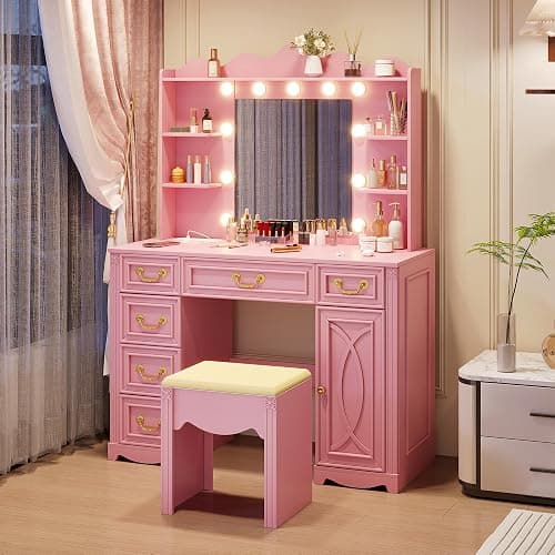 Vlsrka Vanity Desk with Large Mirror and Lights, 43.3" Makeup Vanity Desk with Charging Station and 6 Drawers, Makeup Dressing Table with Storage Stool for Bedroom (Pink) thumbnail 9